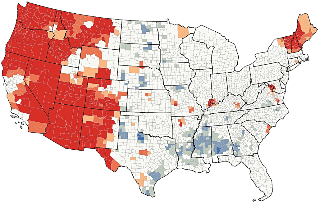 A map of the United States by counties with most of the West in red